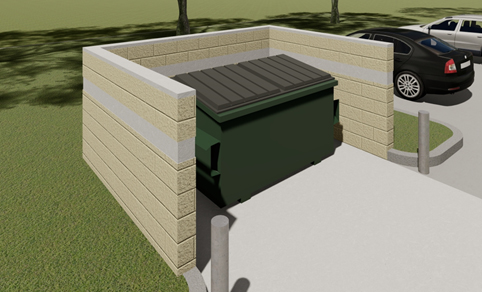Concrete block screen around dumpsters to match building block